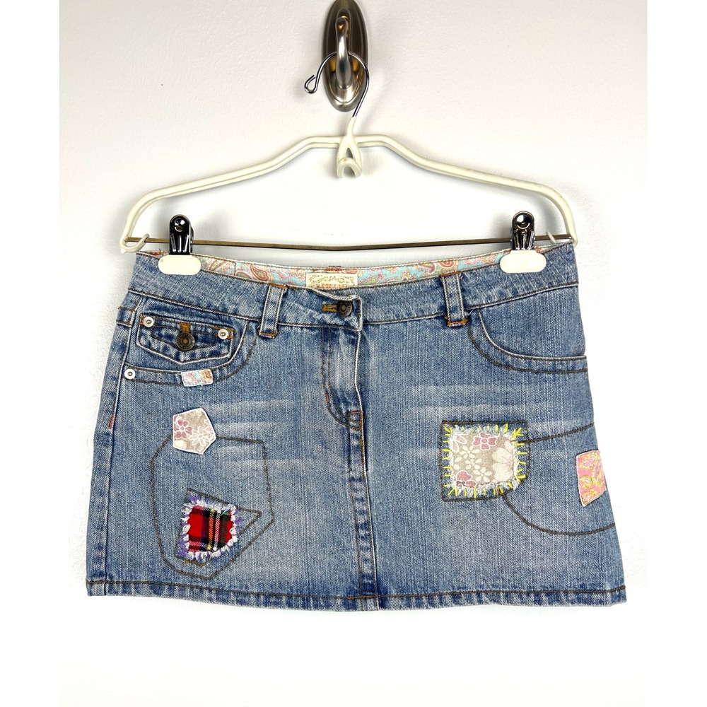 MOON Y2K Denim Micro Mini Skirt Medium Patchwork Blue Boho Festival Distressed